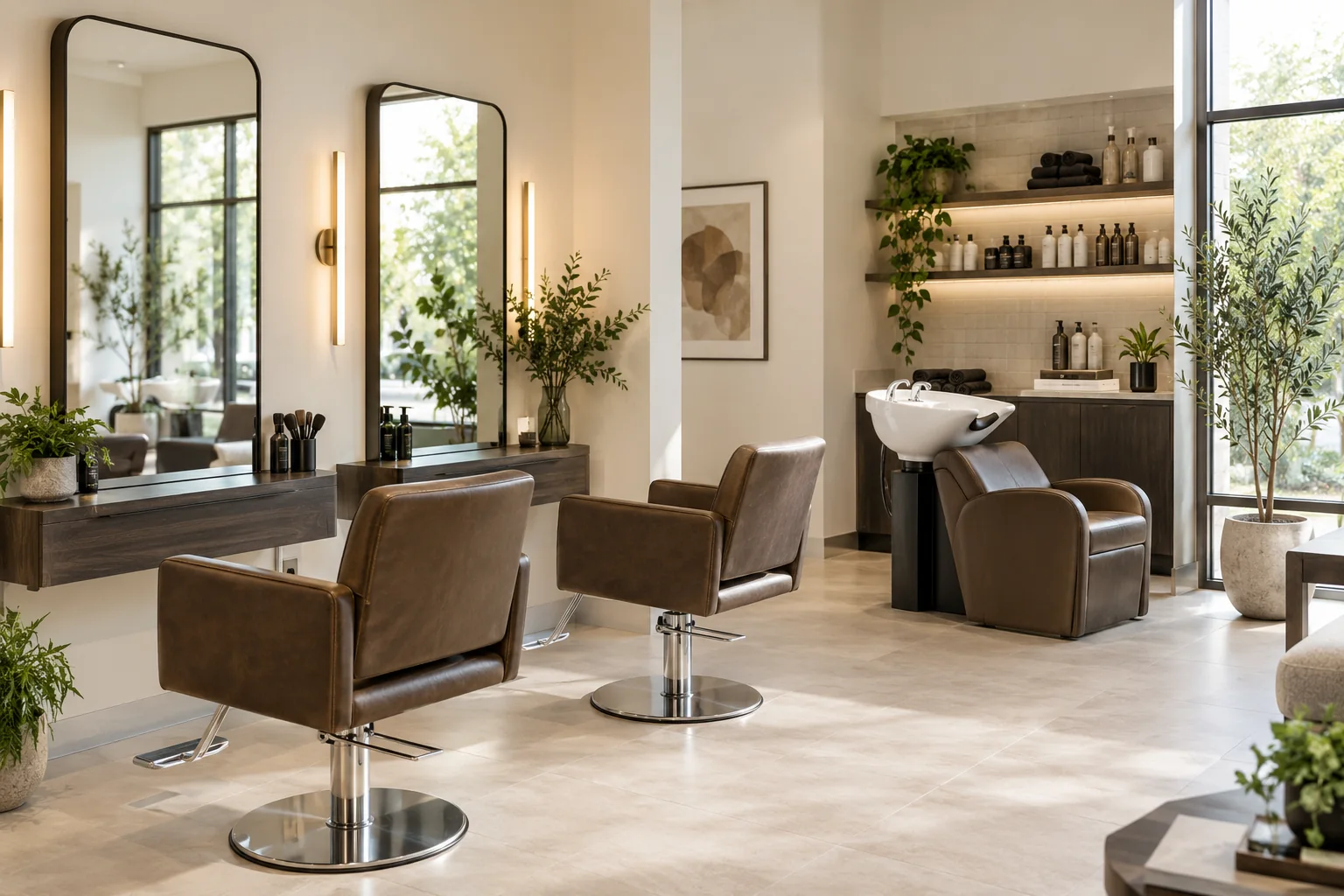 Interior claro de salão de cabelo com cadeiras, espelhos altos e lavatório.